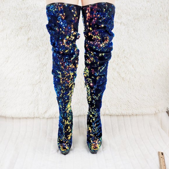Blue Iridescent Sequin Thigh High 6" Heel Slouch Boots RESTOCKED 3004 - Picture 12 of 14